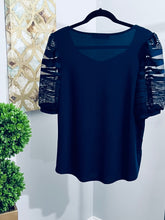 Load image into Gallery viewer, Navy Blue Laced Puff Sleeve Pullover
